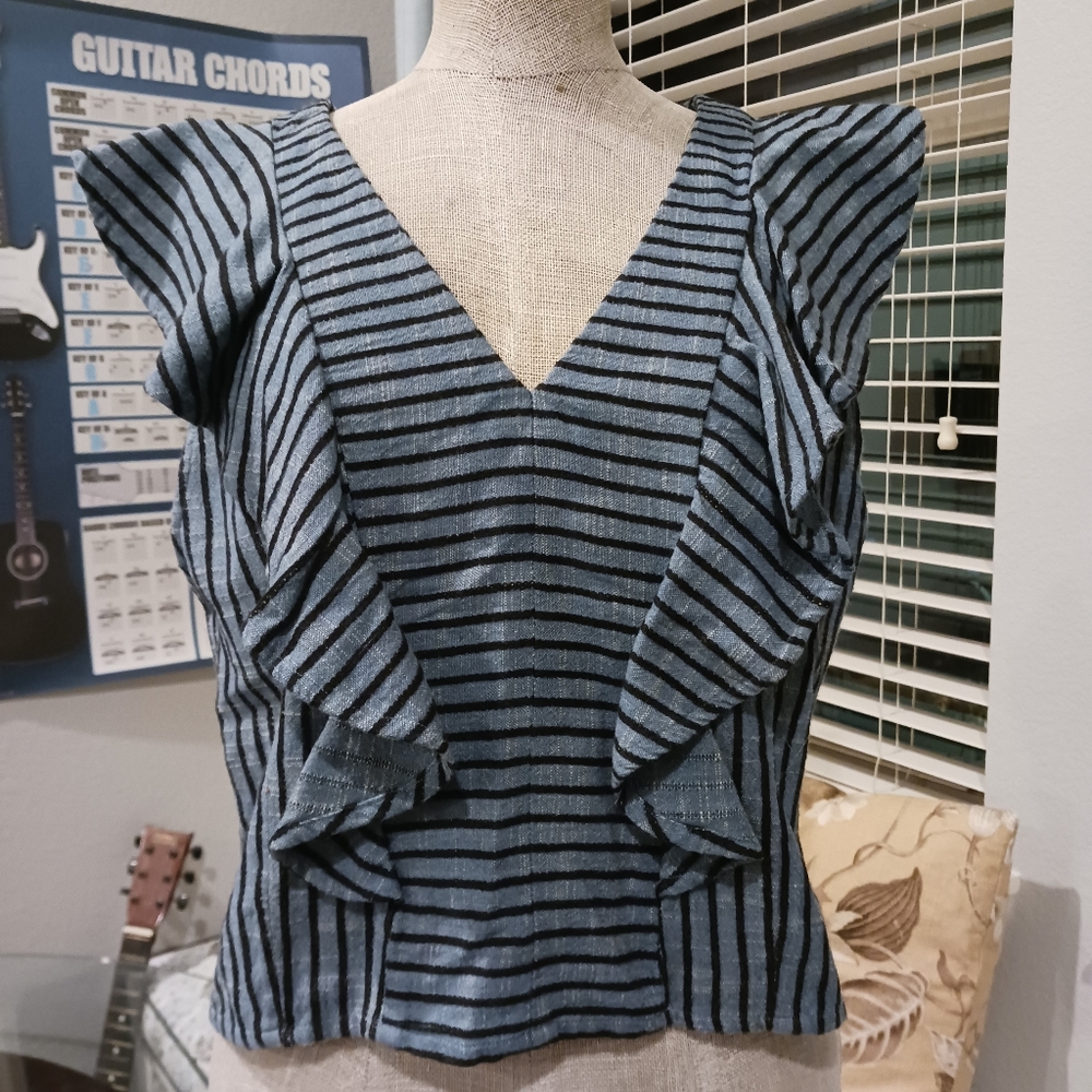 Ace & Jig Black-Striped Blue Sleeveless Ruffle Blouse